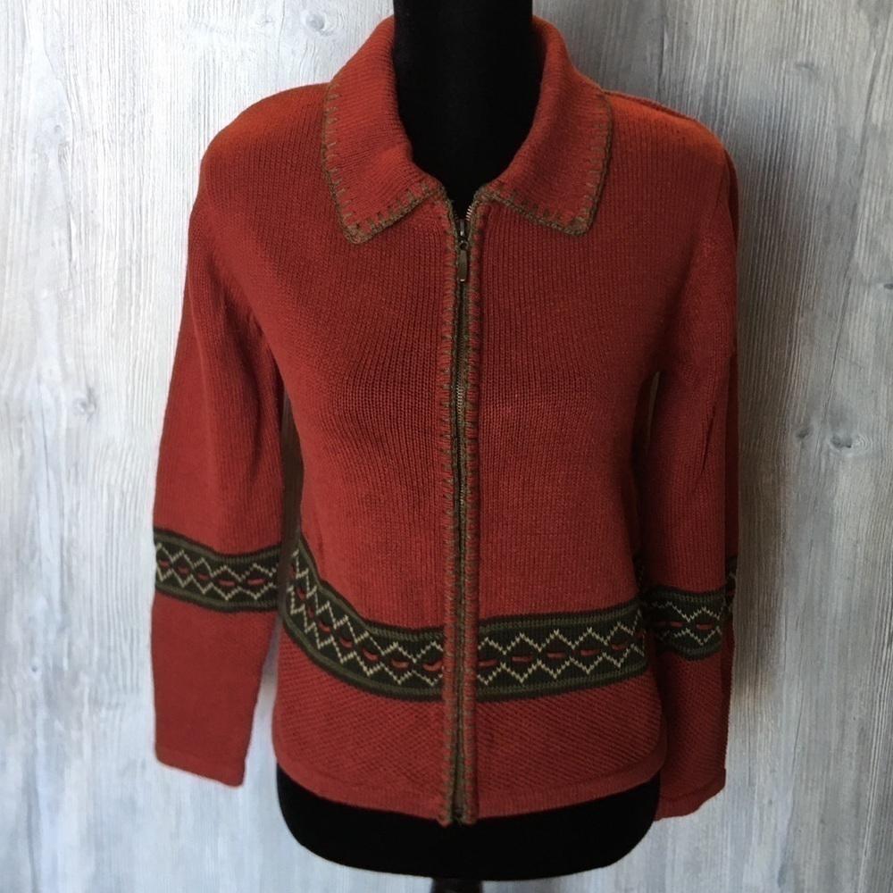 Rust colored zip up hand embroidered sweater